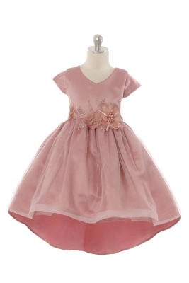 Girls Dress Style - 401 Stunning Short Sleeve Satin Dress with Flower Details in Choice of Color